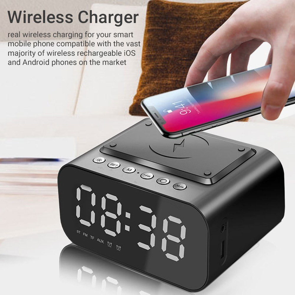 Bluetooth-compatible Speaker Digital Alarm Clock Bedside Wireless Charger Charging Station Bedroom Living Room Kitchen
