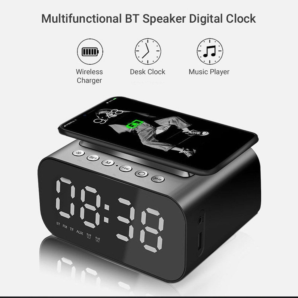Bluetooth-compatible Speaker Digital Alarm Clock Bedside Wireless Charger Charging Station Bedroom Living Room Kitchen