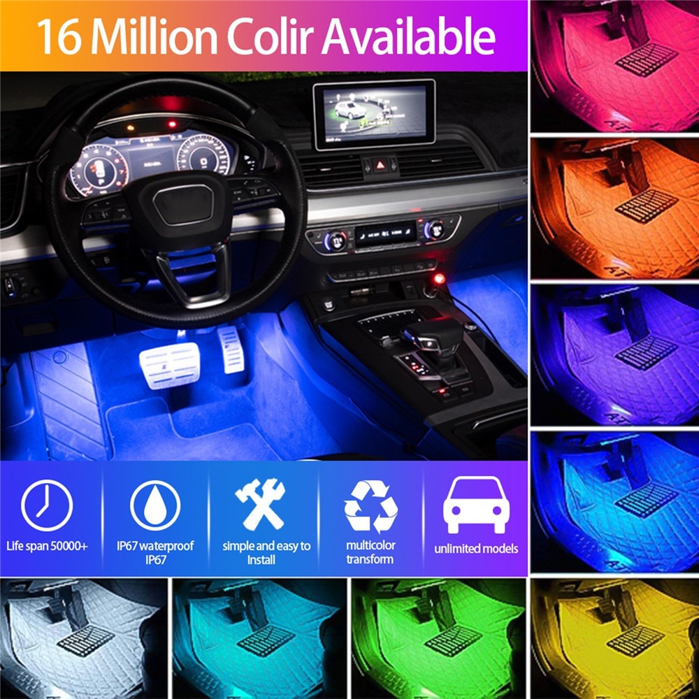 Car LED Strip Light 4Pcs 48 LED DC 12V Neon Strip Car Interior Led Decorative Lamp with Sound Active Function and Wireless Remote Control