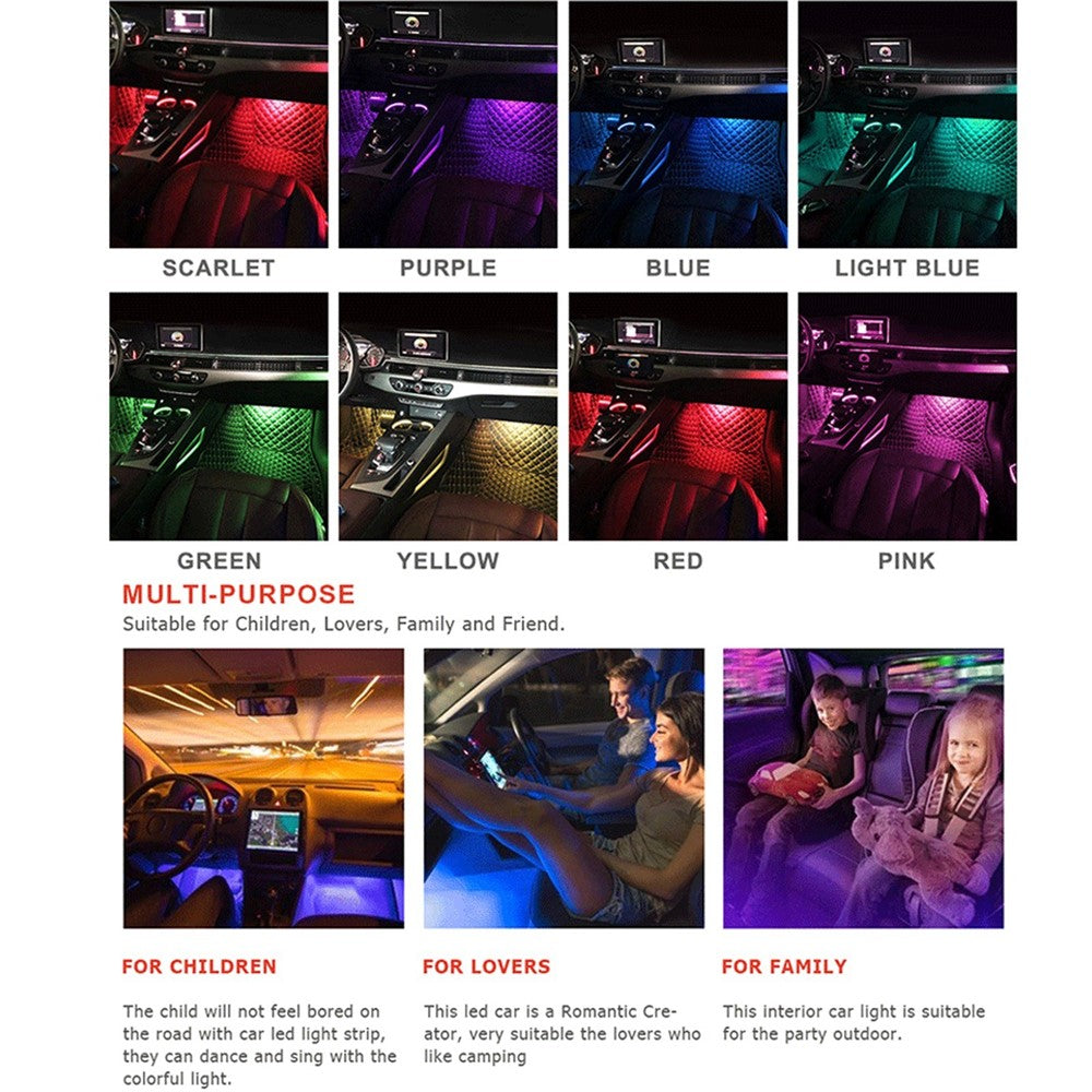 Car LED Strip Light 4Pcs 48 LED DC 12V Neon Strip Car Interior Led Decorative Lamp with Sound Active Function and Wireless Remote Control