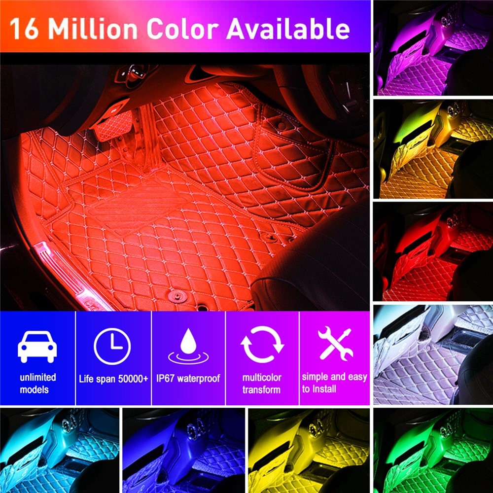 Car LED Strip Light 4Pcs 48 LED DC 12V Neon Strip Car Interior Led Decorative Lamp with Sound Active Function and Wireless Remote Control