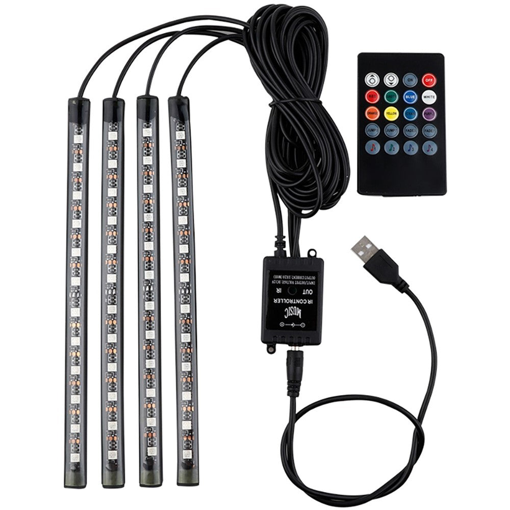 Car LED Strip Light 4Pcs 48 LED DC 12V Neon Strip Car Interior Led Decorative Lamp with Sound Active Function and Wireless Remote Control